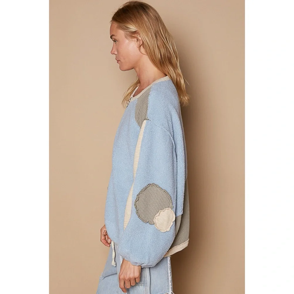 POL Blue Colorblock Mixed Fabric Pullover | Fleece Thermal Knit Top
